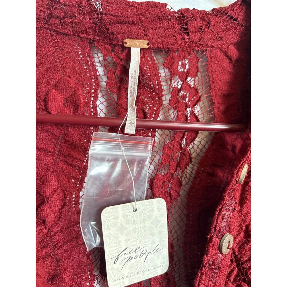 Free People Lace Mini Dress Dark Red Button Front Long Sleeve Small